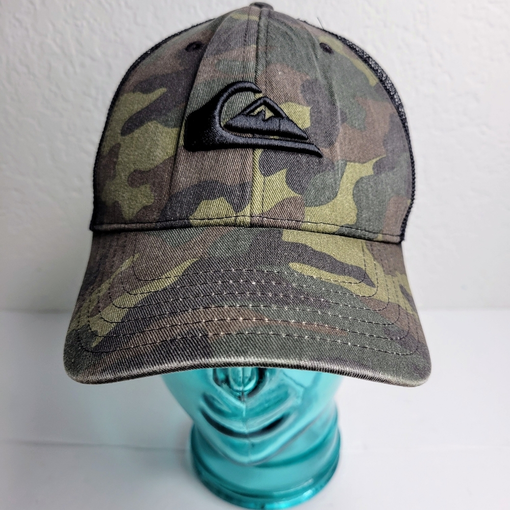 Quiksilver Men's Grounder Camo Trucker Hat, Black Mesh Back, Adjustable Snap - Picture 2 of 10